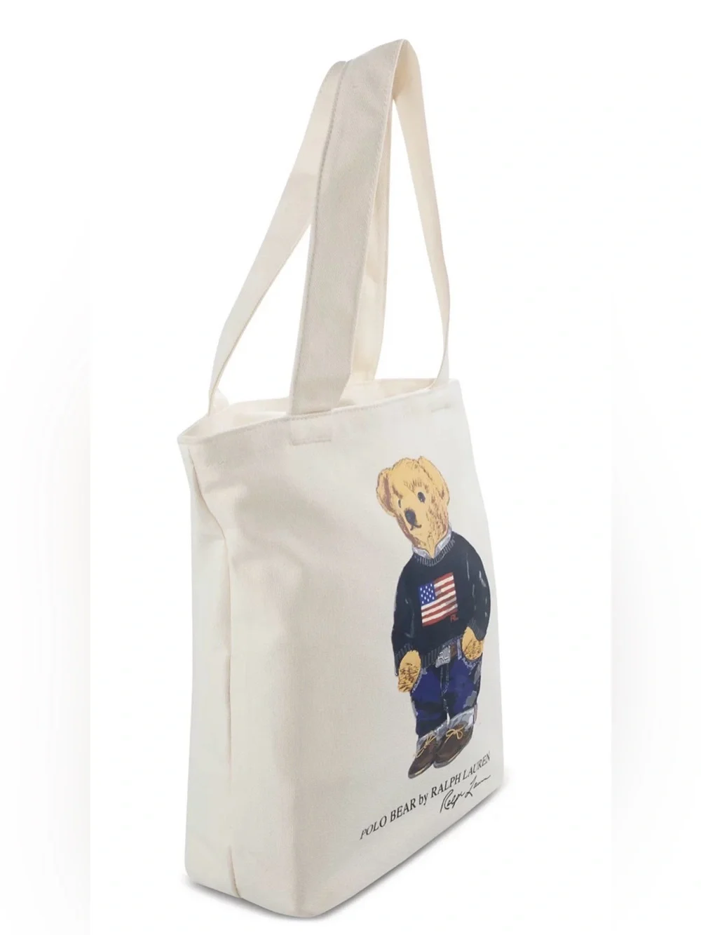 Polo Ralph Lauren Natural FLAG SWEATER BEAR 13.0” Canvas Zip Top Tote Bag